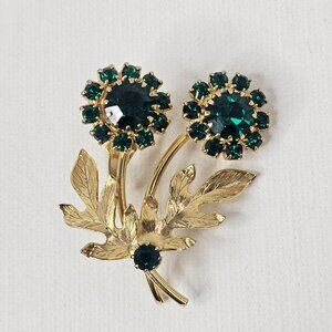 Gold Tone Metal Flowers Brooch Green Rhinestone Flower Stem Leaf Unmarked Pin